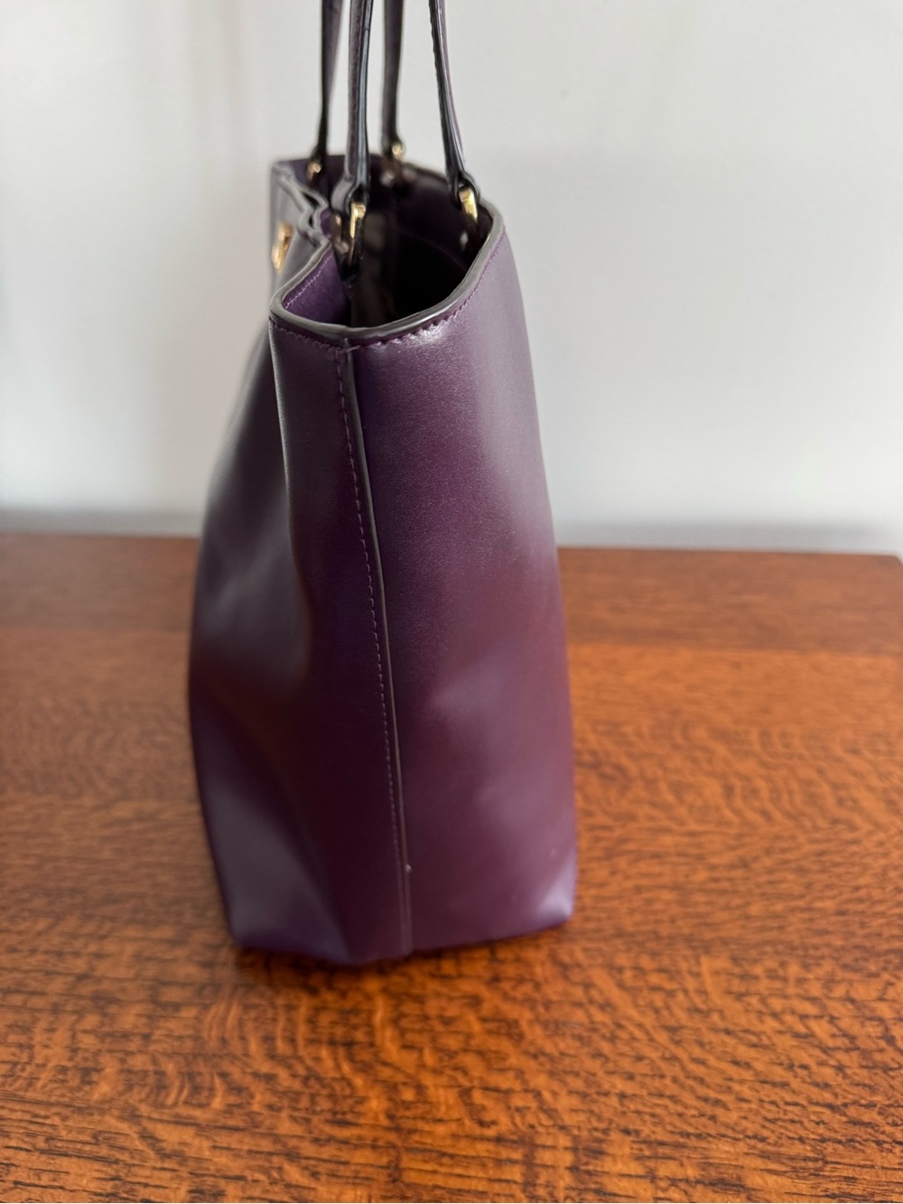 Michael Kors Mott Leather Tote with Gold MK Logo - Eggplant - Picture 3 of 12